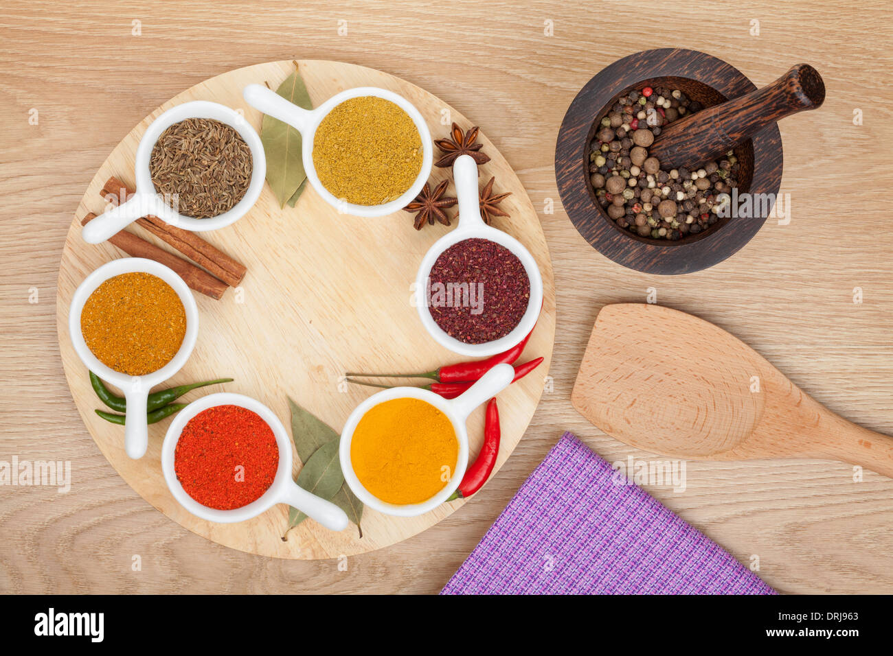 Various spices selection on wooden table Stock Photo
