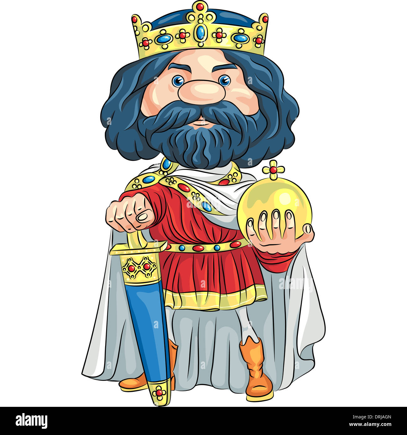 Cartoon King Charles the First in the crown, with the sword and Globus
