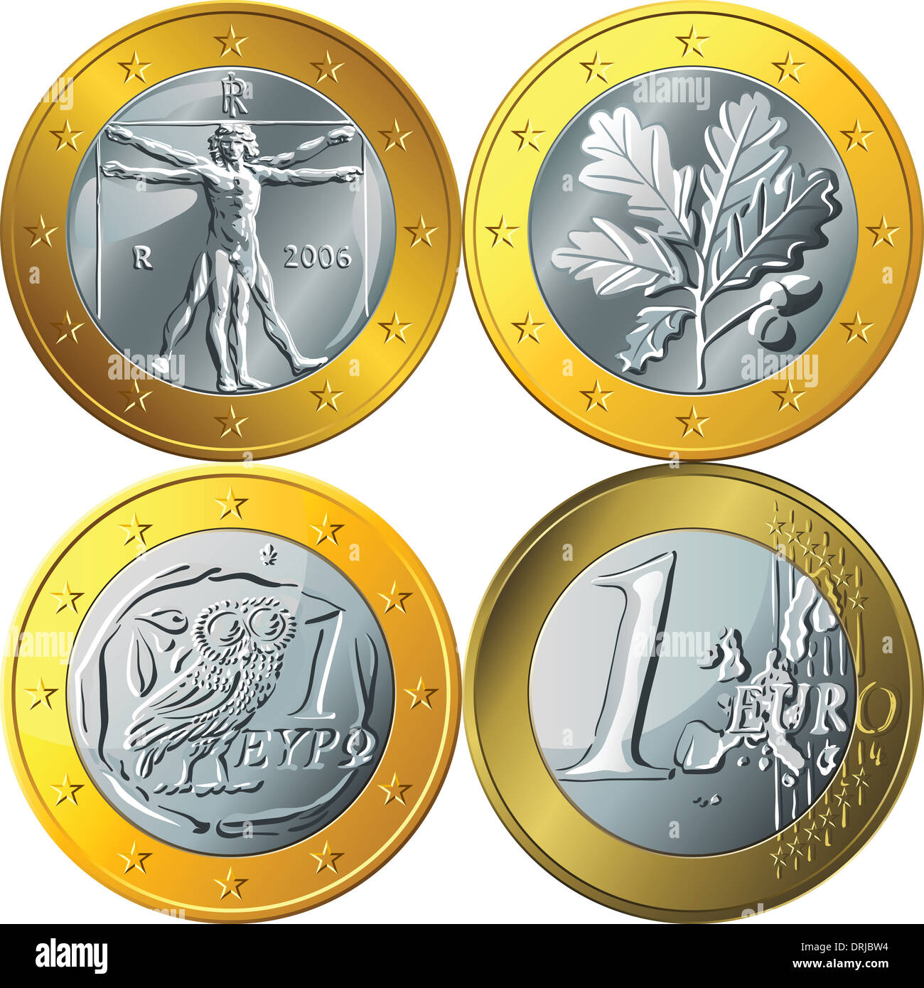 set German, Spanish and Italian money, gold coin euro with the image of Vitruvian Man, of oak leaves and of an owl Stock Photo