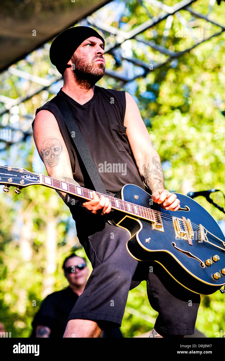 Tim Armstrong of Rancid performs at the Hootenanny festival in Silverado Canyon, California, on 8 July 2012. Stock Photo