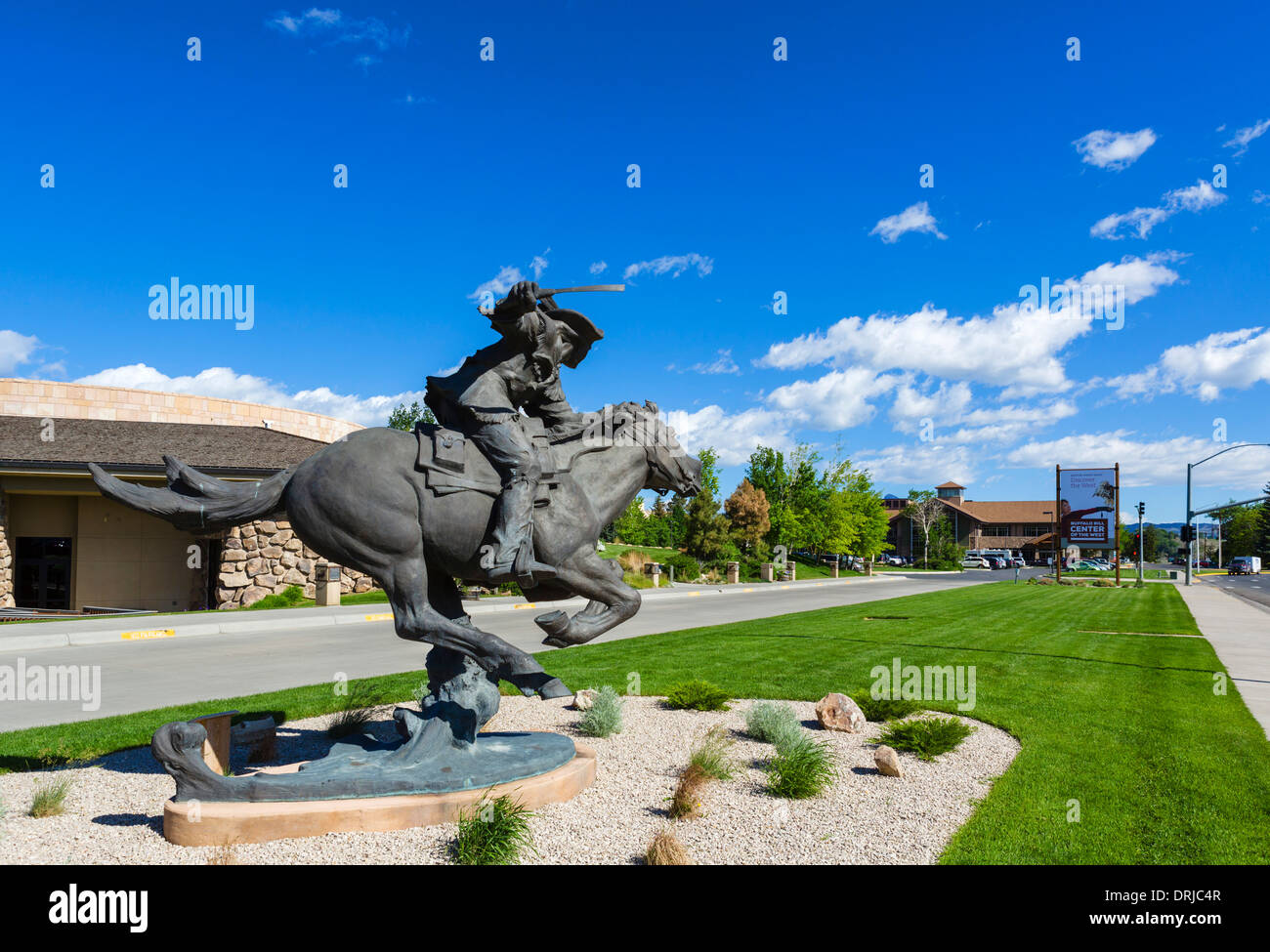 Bill Cody - Hard and Fast All The Way Pony Express sculpture outside Buffalo Bill Historical Center, Cody, Wyoming, USA Stock Photo