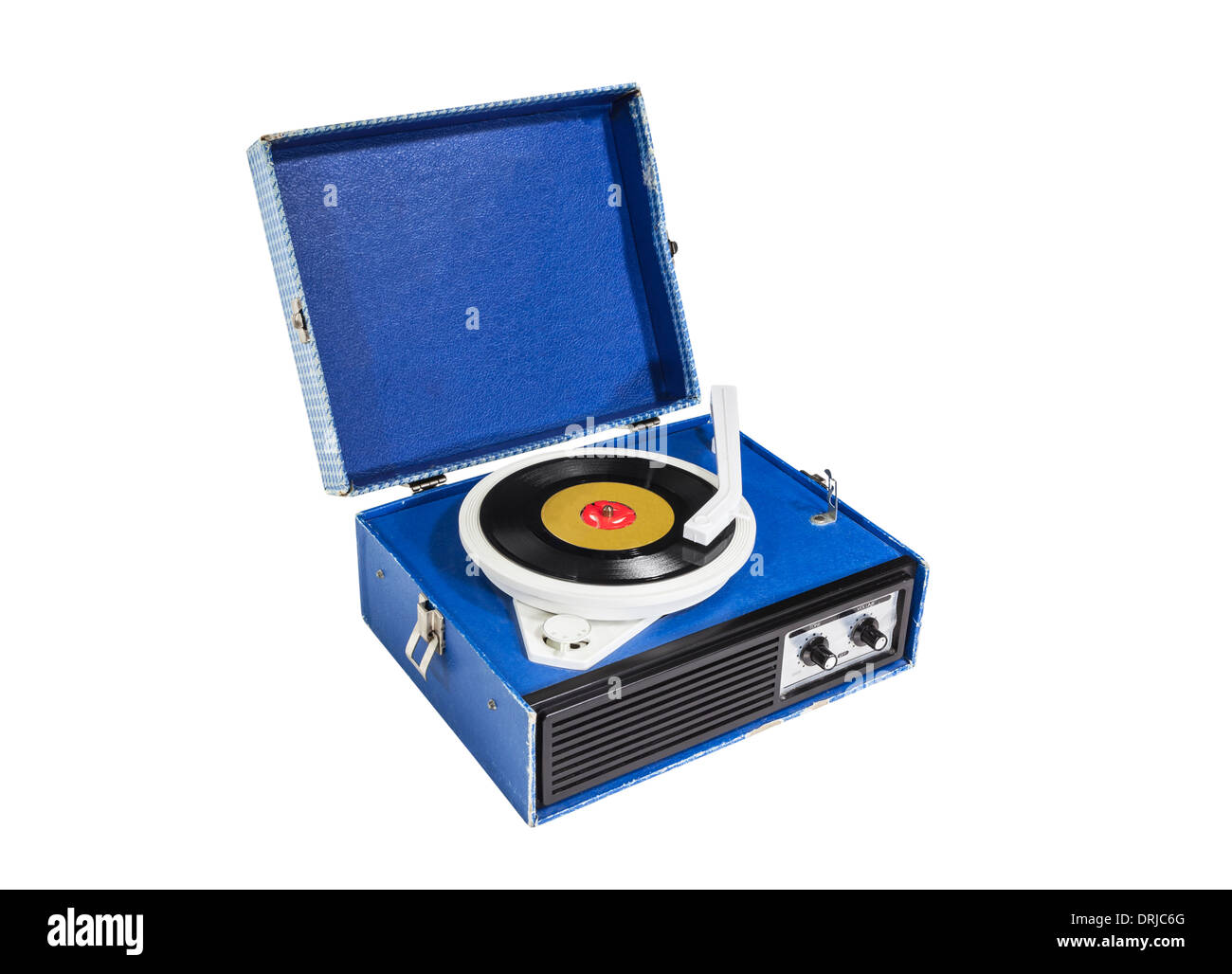 Old blue record player isolated with clipping path. Stock Photo
