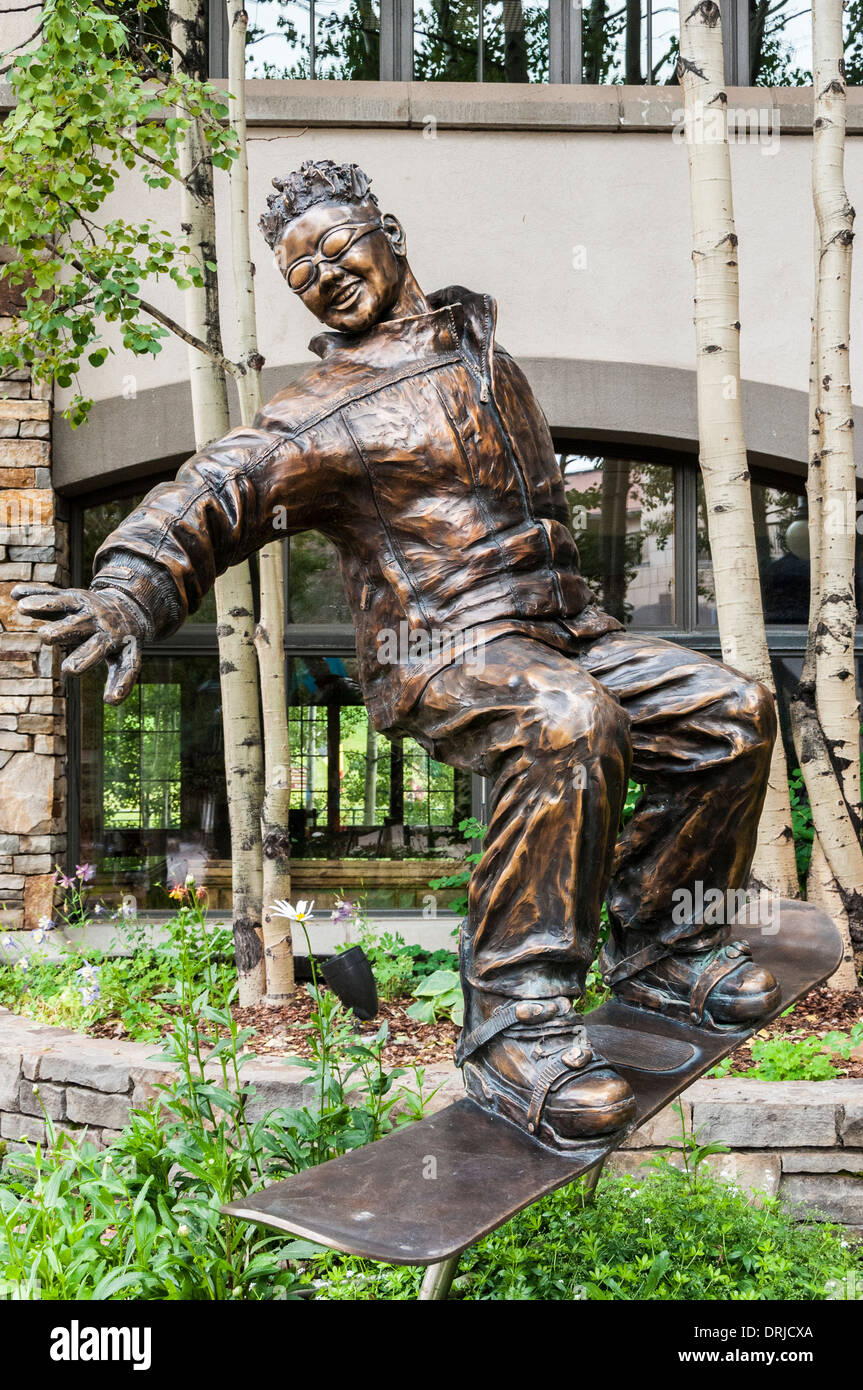 Statue of a snowboarder who looks like Kim Jong-Il, main square, Mountain Village, Colorado. Stock Photo