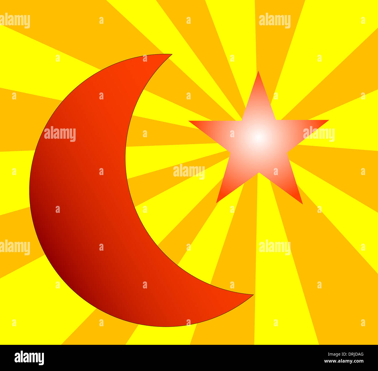A depiction of the Muslim crescent moon and star with rays eminating from the star. Stock Photo