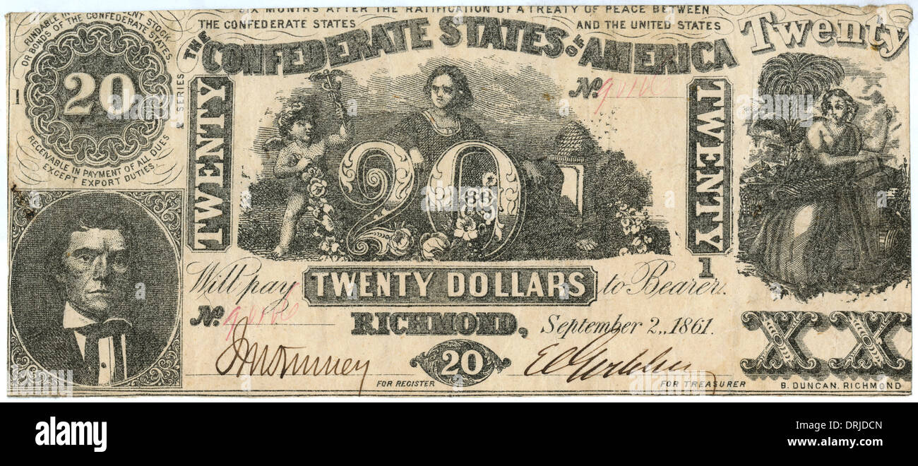 Confederate twenty dollar bank note Stock Photo