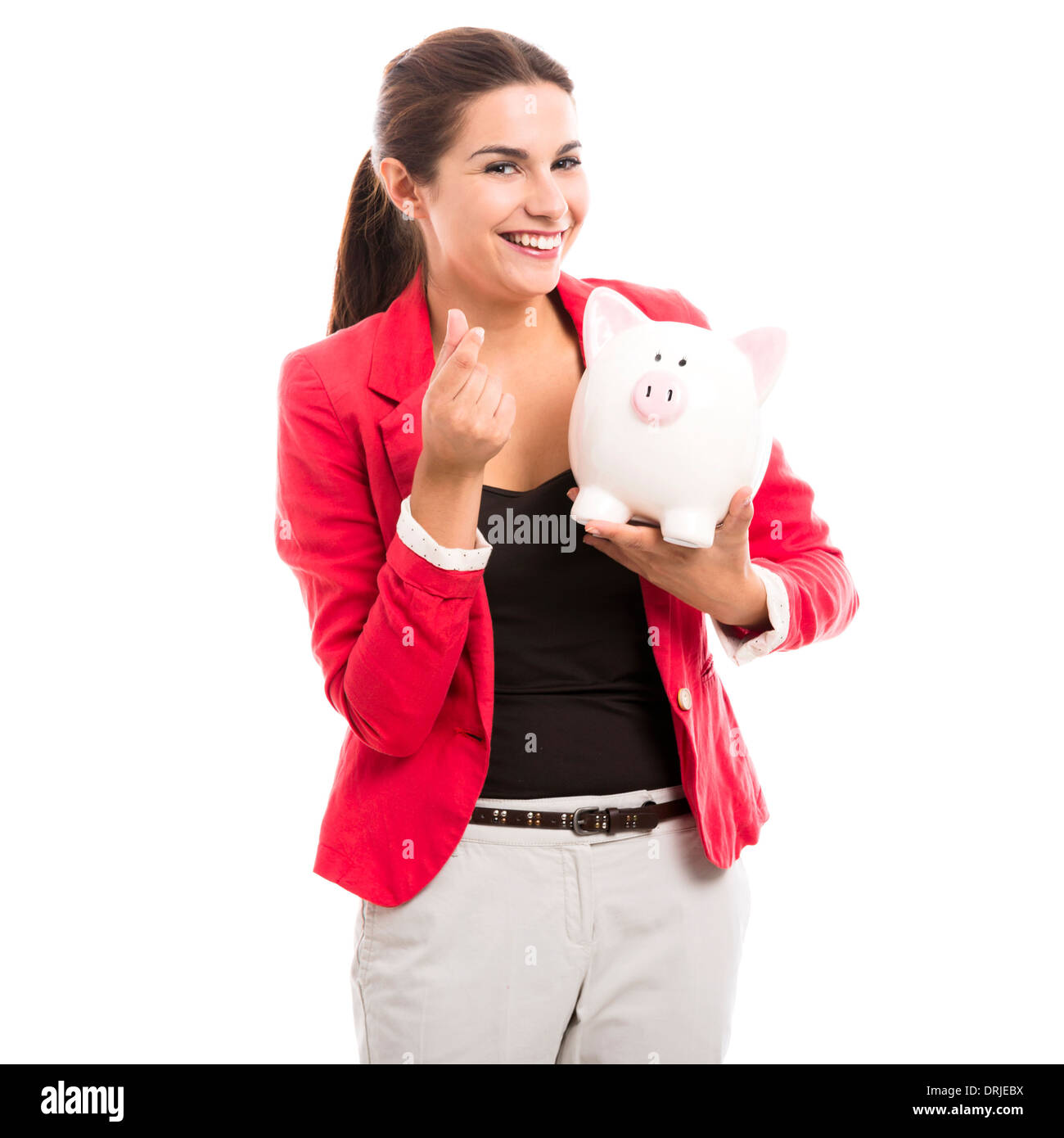 Business woman holding a piggy bank on the hands, isolated over a white ...