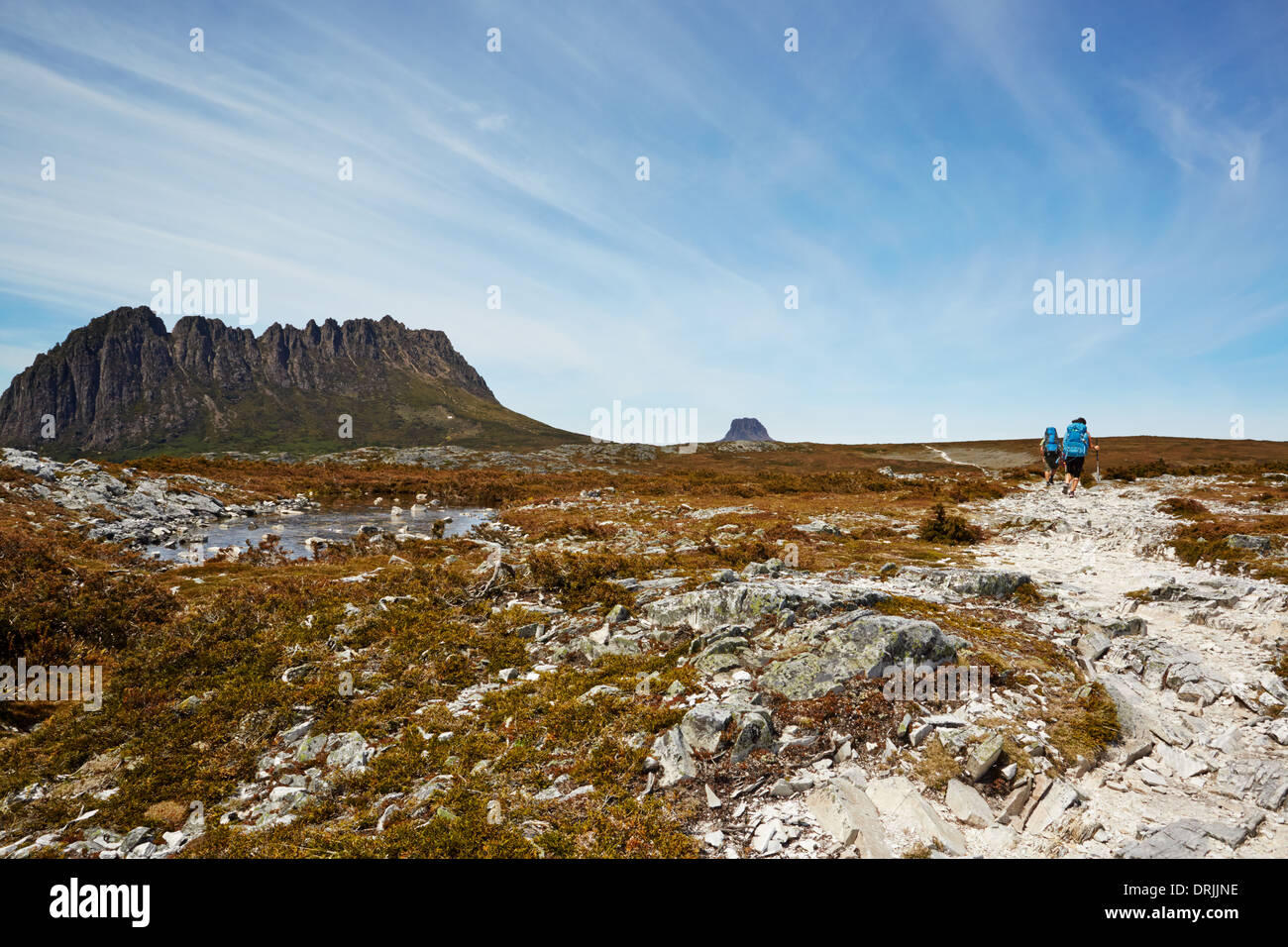 Windswept hikers on the desolate Overland Trail, Tasmania Stock Photo