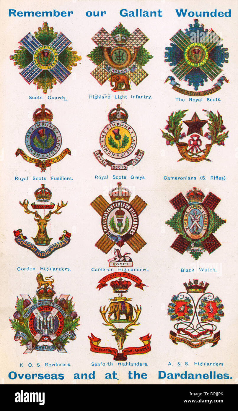 Badges of Scottish Regiments - World War One Stock Photo