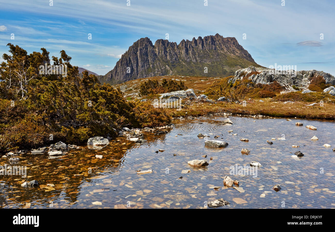 Stunning Cradle Mountain with tarn in foreground, Tasmania, Australia Stock Photo
