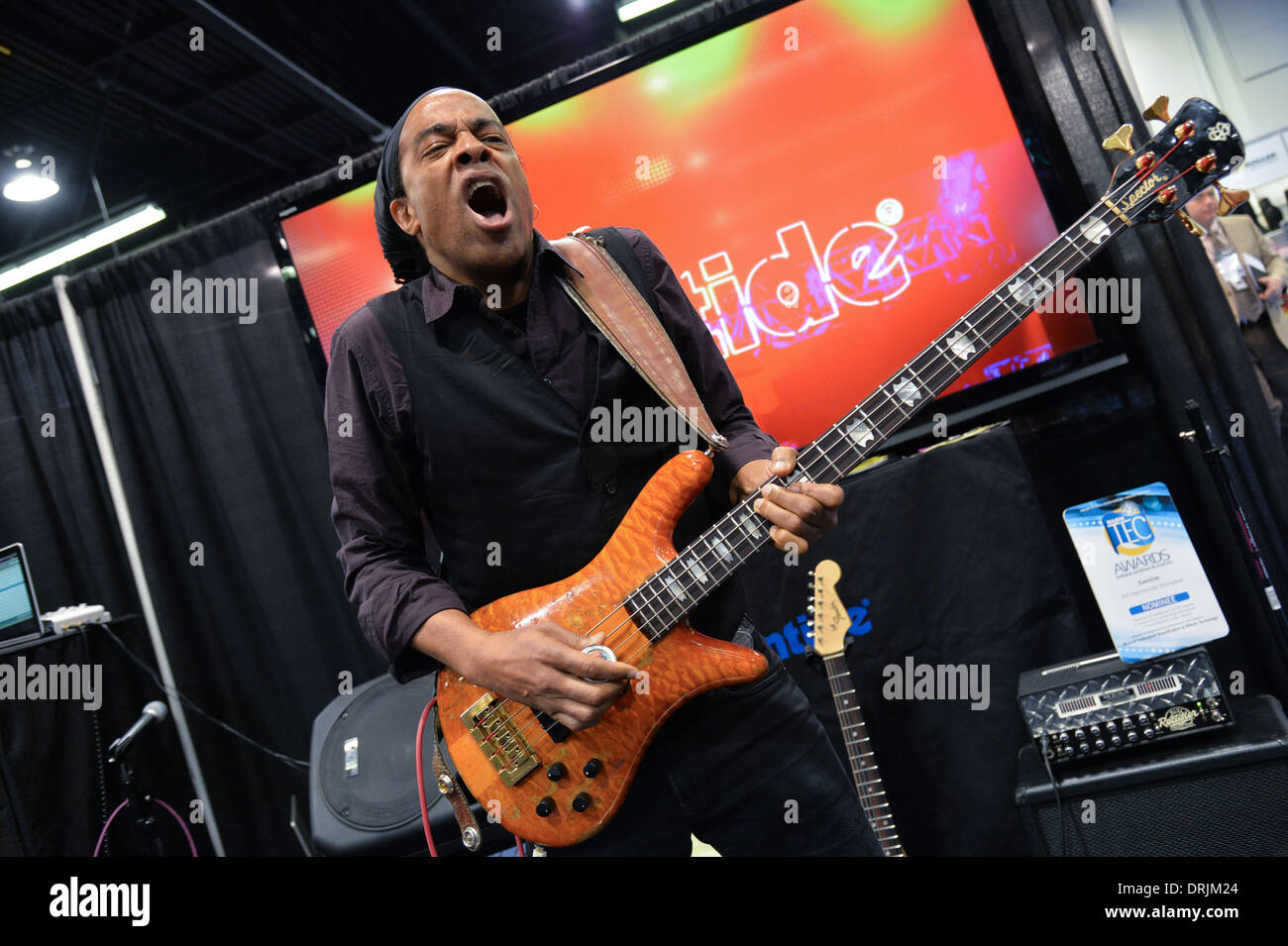 Toronto, Ontario, Canada. 24th Jan, 2014. Living Color bassist DOUG WIMBISH performs at Eventide booth at NAMM show in Anaheim, CA. © Igor Vidyashev/ZUMAPRESS.com/Alamy Live News Stock Photo