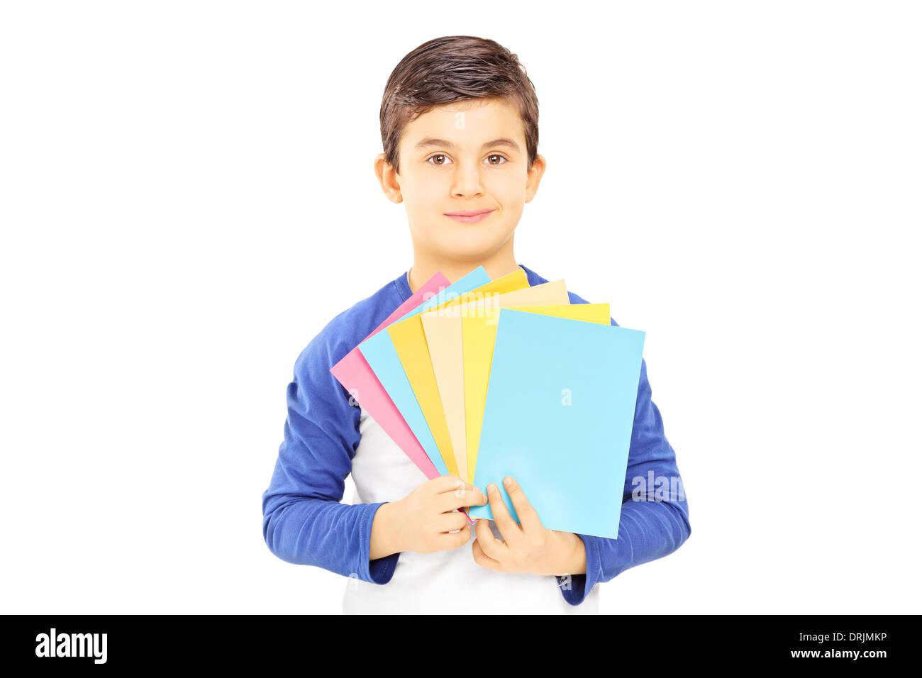 Boy holding cards in different colors and looking at camera Stock Photo