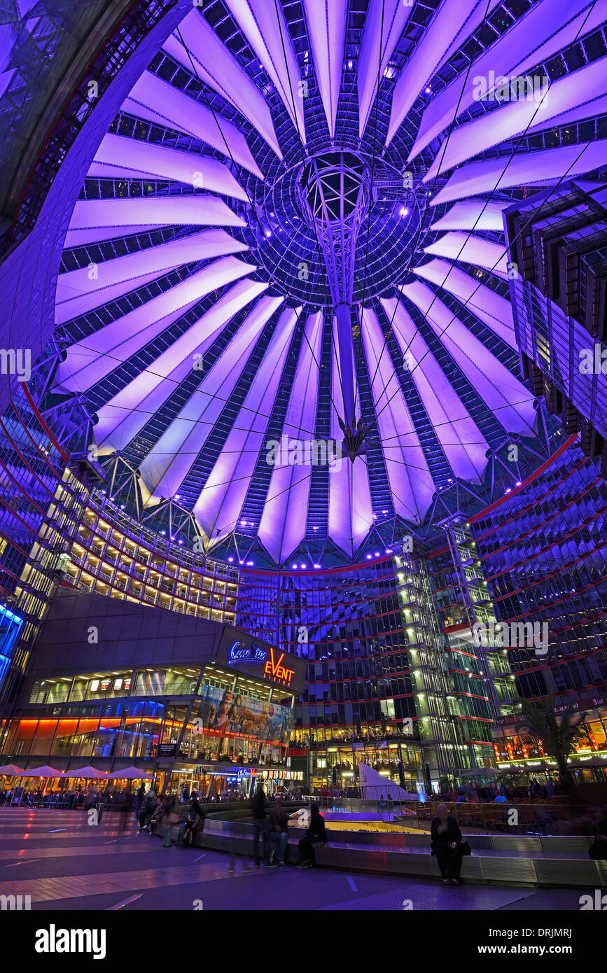Inner courtyard area and roof of the Sony centre in the evening on the Potsdam place, Berlin, middle, Germany, Europe, public re Stock Photo