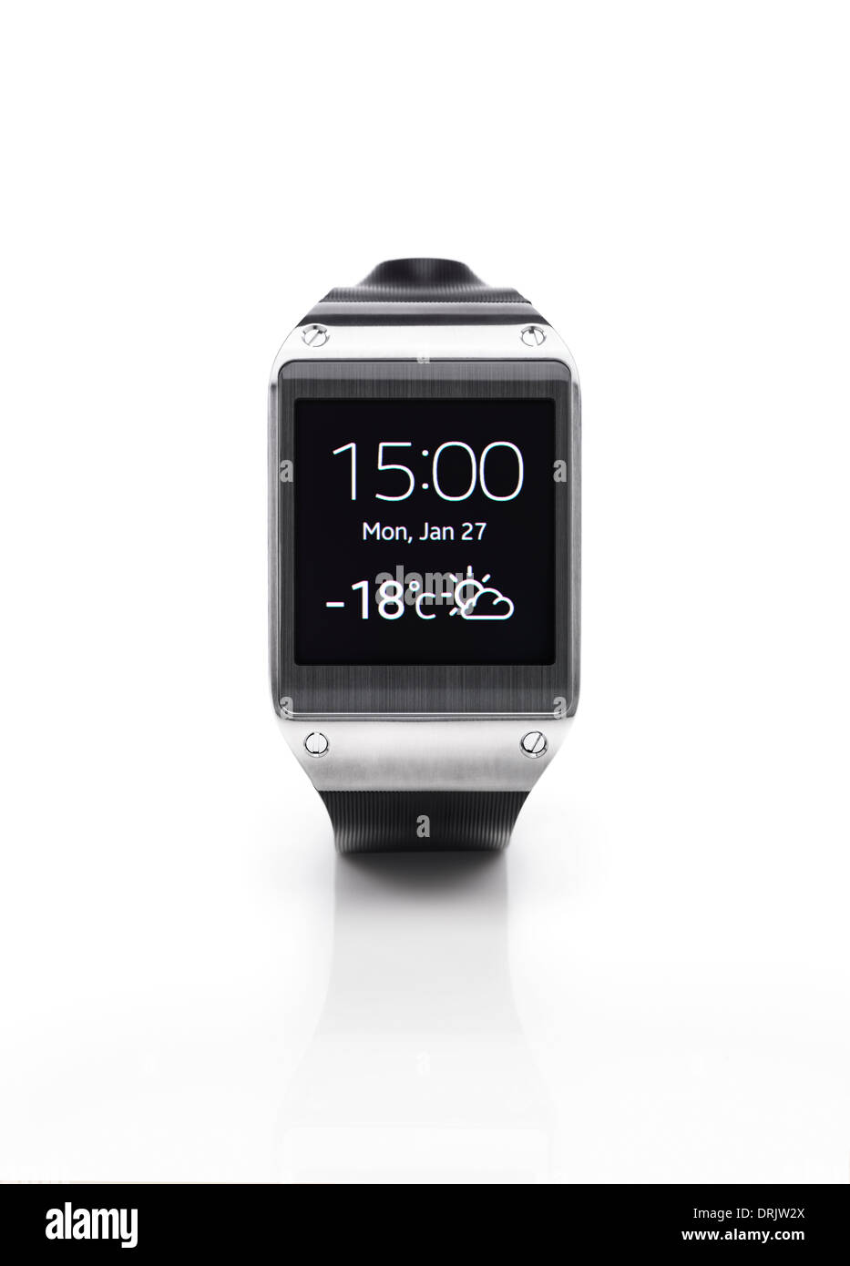 Samsung Galaxy Gear smartwatch showing time and weather. Isolated watch on white background with clipping path. Stock Photo