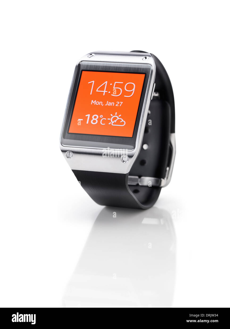 Samsung Galaxy Gear smartwatch with orange display closeup. Isolated watch on white background with clipping path. Stock Photo