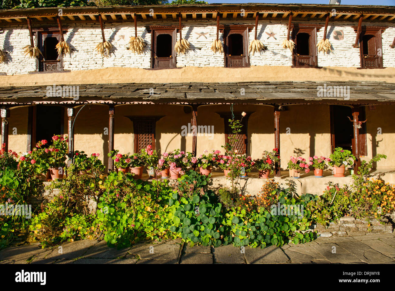 typical Gurung guesthouse in Ghandruk, Annapurna, Nepal Stock Photo