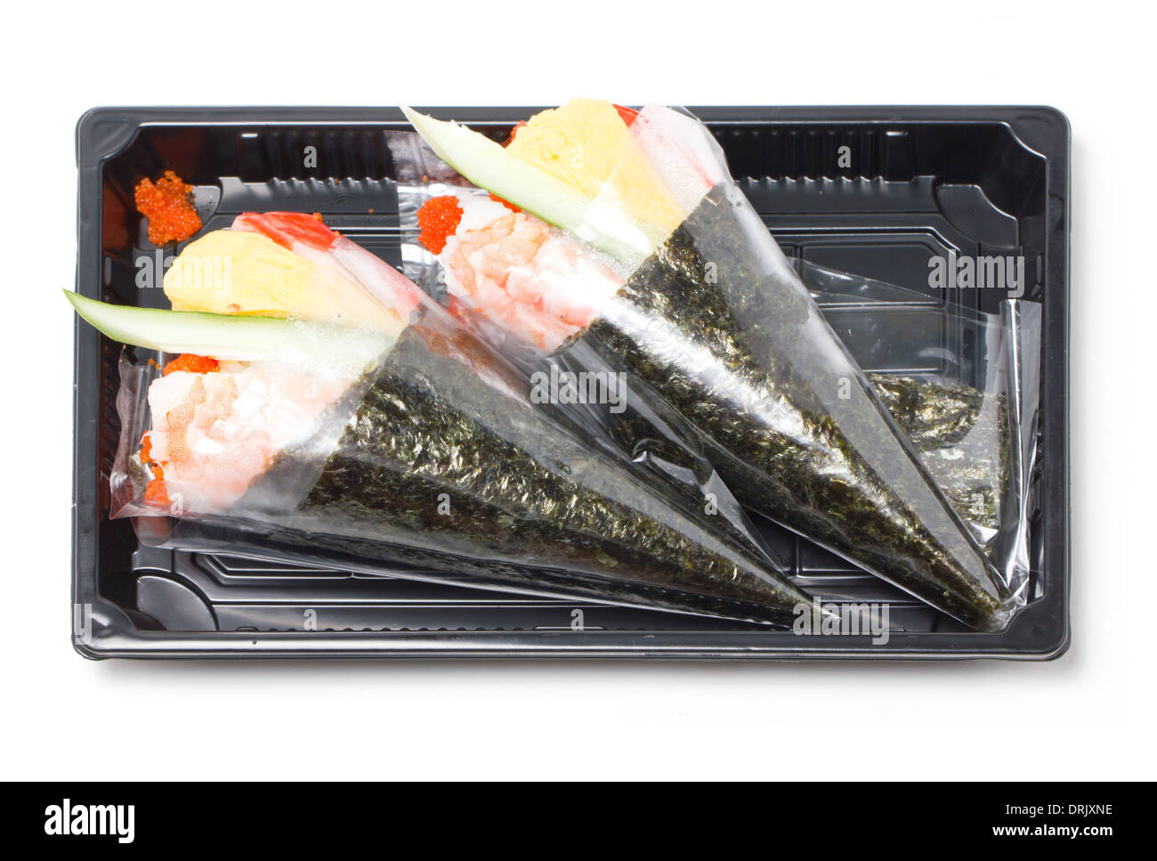 Hand rolled temaki sushi traditional japanese cuisine. Stock Photo