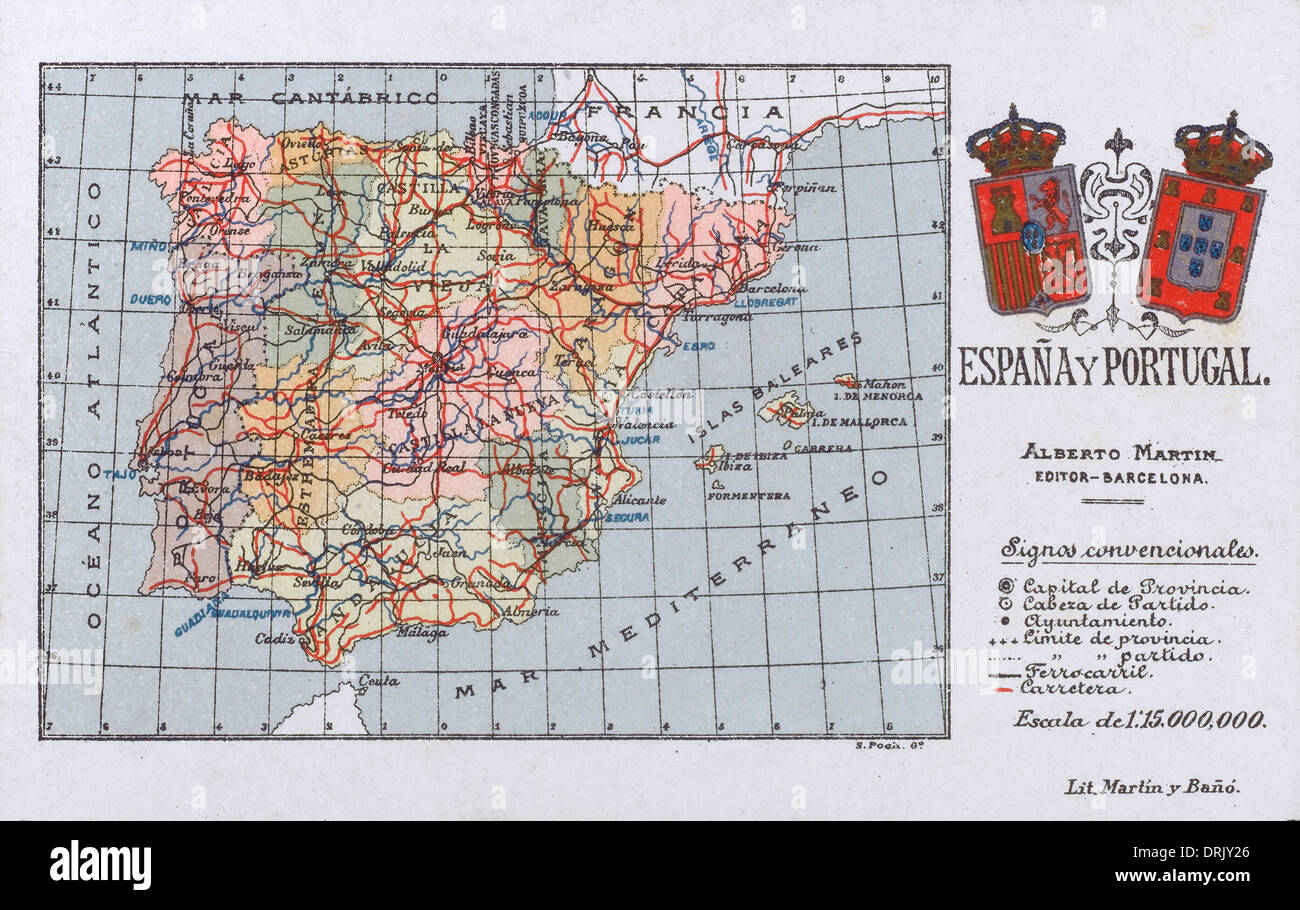 Map of the Kingdoms of Spain and Portugal Stock Photo
