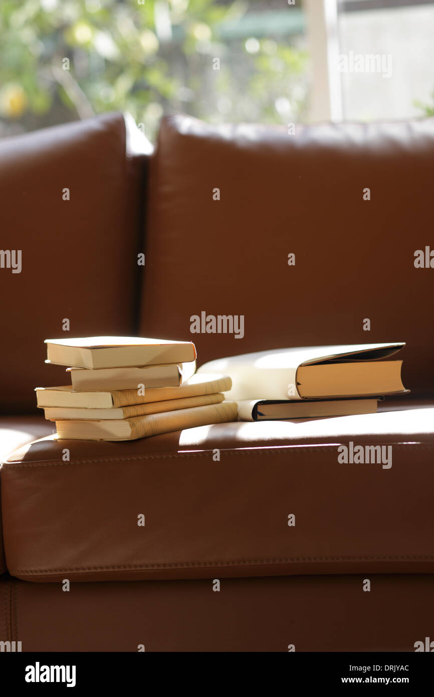 Books on a sofa Stock Photo Alamy