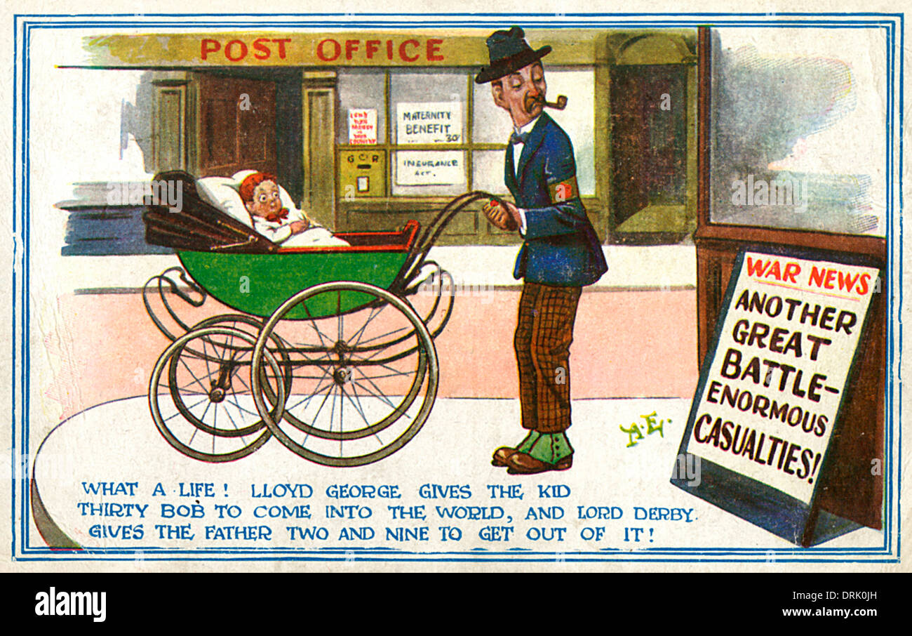 Cartoon, British father wheeling pram, WW1 Stock Photo