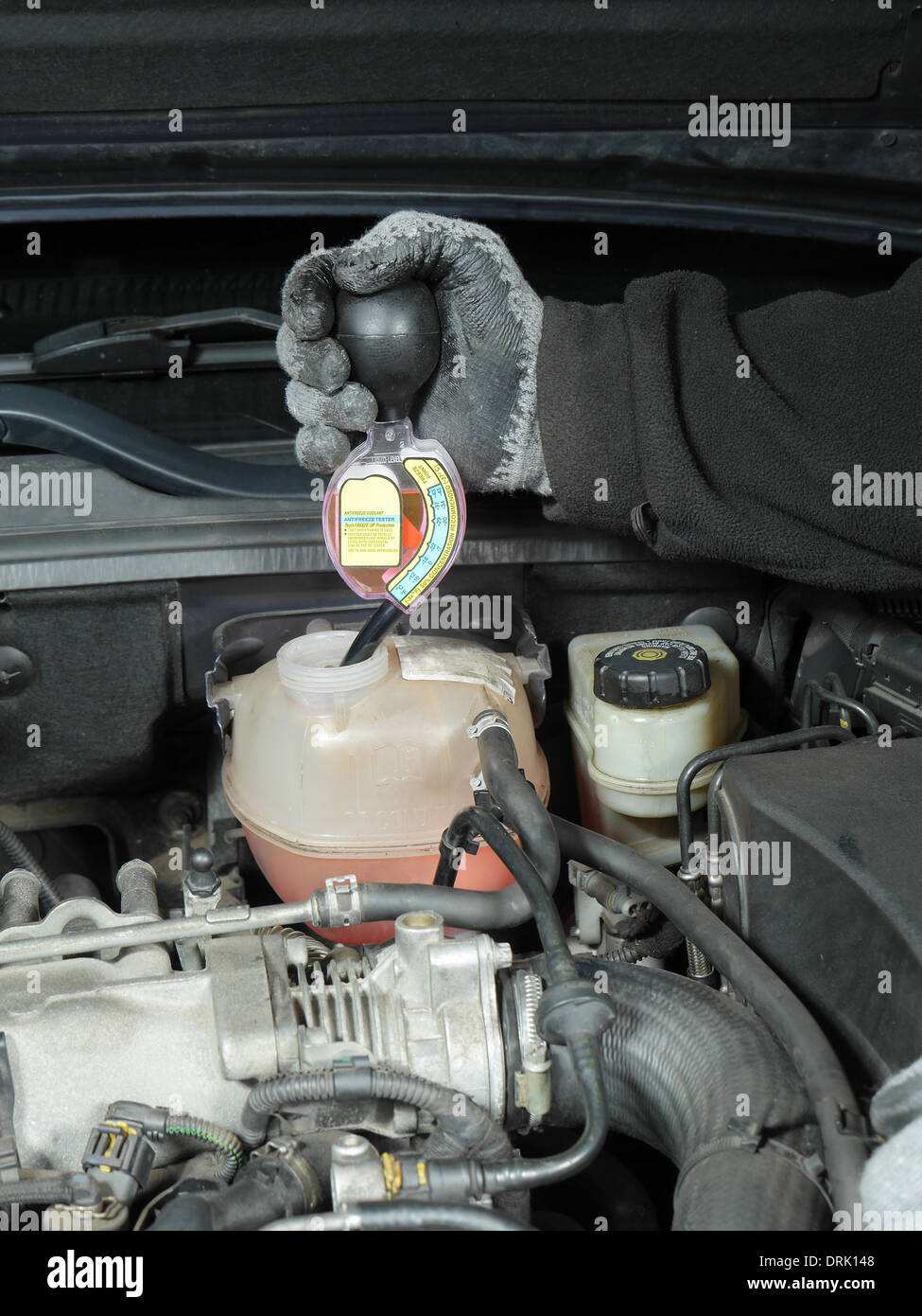 Auto mechanic performing antifreeze coolant freeze-up protection test using a tester Stock Photo