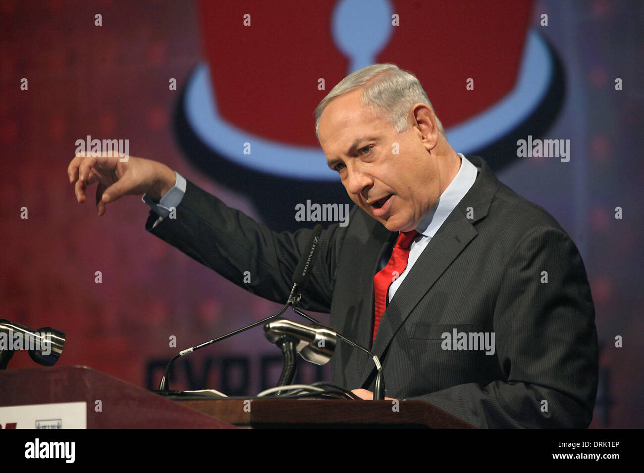 Tel Aviv, Isreal. 27th Jan, 2014. Israeli Prime Minister Benjamin Netanyahu makes the opening speech of the 'CyberTech 2014' international conference in Tel Aviv, Isreal, on Jan. 27, 2014. Credit:  JINI/Xinhua/Alamy Live News Stock Photo