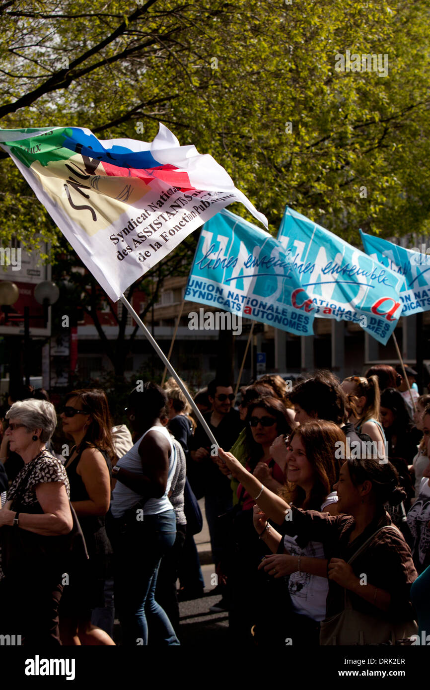 A strike of social workers in Paris, with union FSU SNUAS FP. Stock Photo