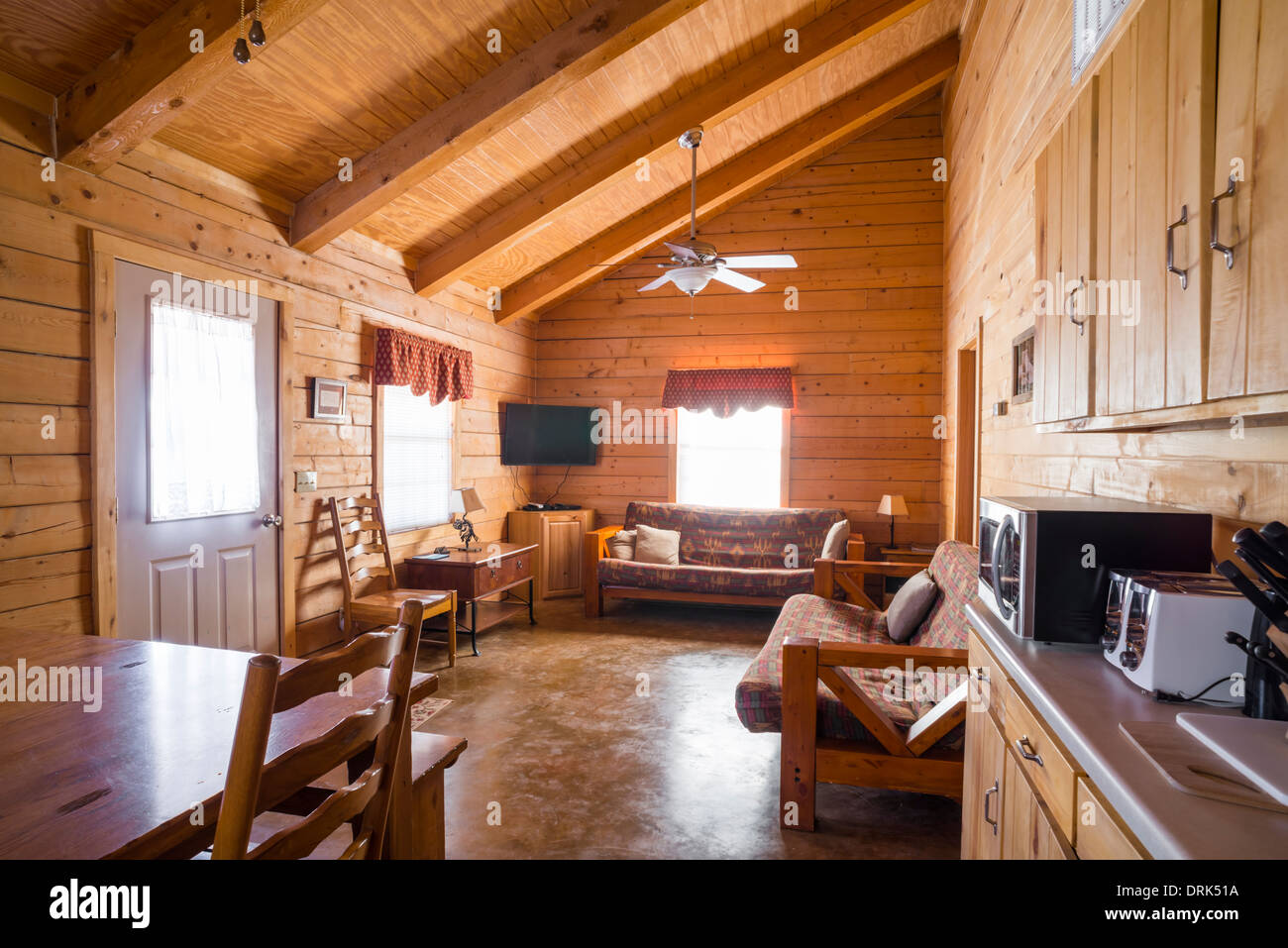USA, Texas, interior of rustic log home cabin Stock Photo
