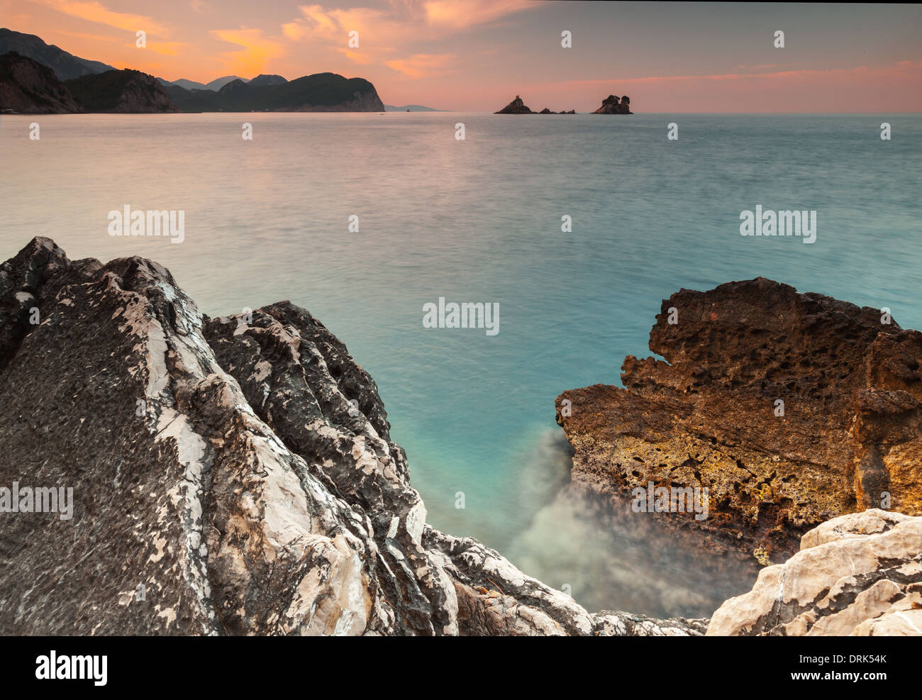 Morning landscape with stones on Adriatic Sea coast, Montenegro Stock Photo