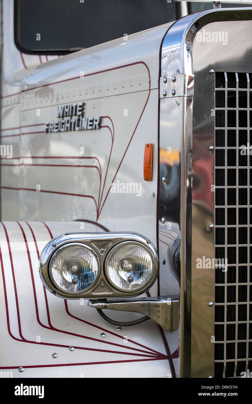 White freightliner lorry headlights and grill detail Stock Photo