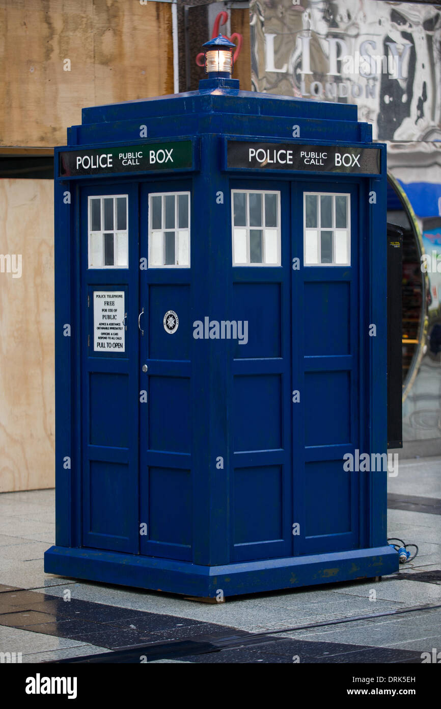 Cardiff, Wales, UK. 28th January 2014. The TARDIS is spotted on the set of Doctor Who while filming his new role as the Twelfth Doctor on Queen Street in Cardiff. Credit:  Polly Thomas / Alamy Live News Stock Photo