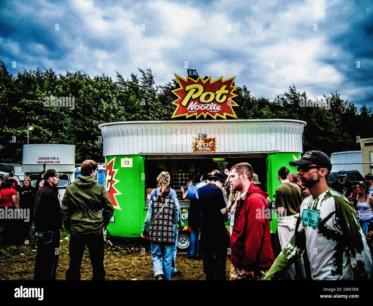 Grainy, saturated coloured picture of Pot Noodle fast food stall at music festival Stock Photo