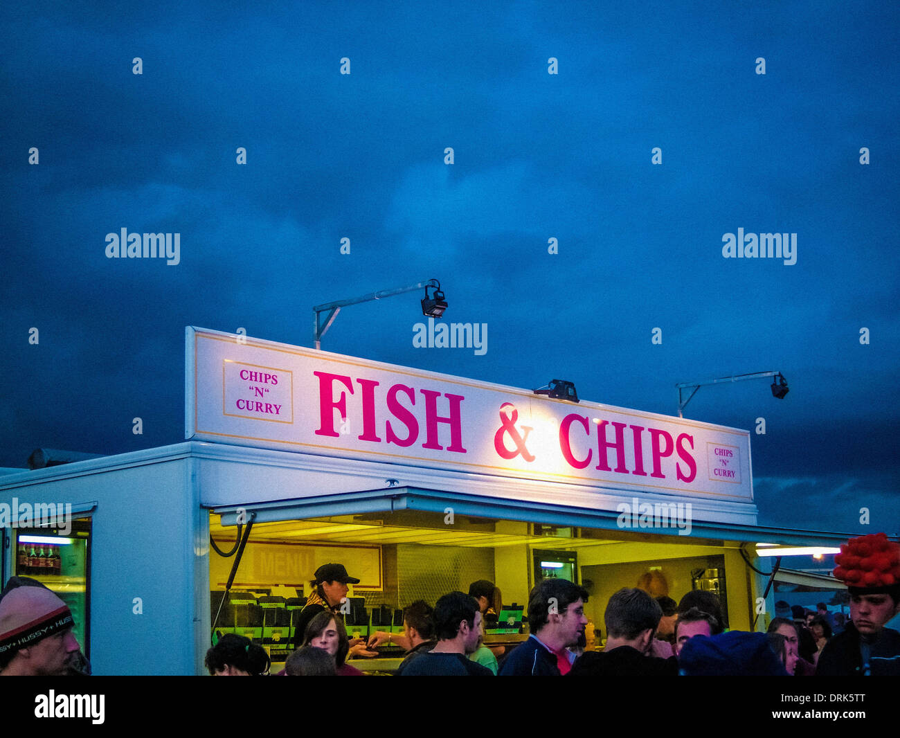 Fish and Chips stall at music festival, in the evening Stock Photo Alamy