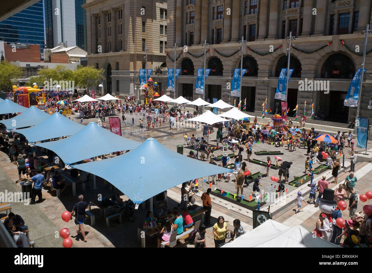 Family fun day around Christmas time in Forrest Place, city centre of Perth, Western Australia. Stock Photo