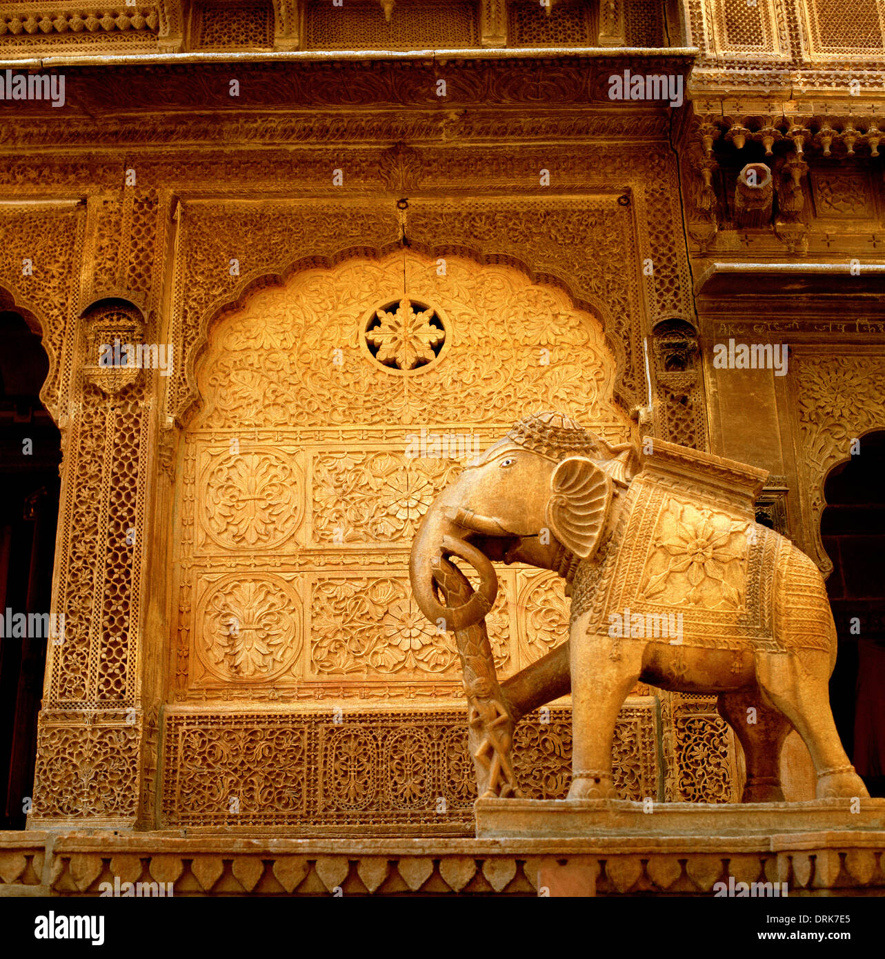 Elephant statue outside Nathmalji Ki Haveli in Jaisalmer in Rajasthan in India in South Asia. History Architecture Art Statue Sculpture Travel Stock Photo