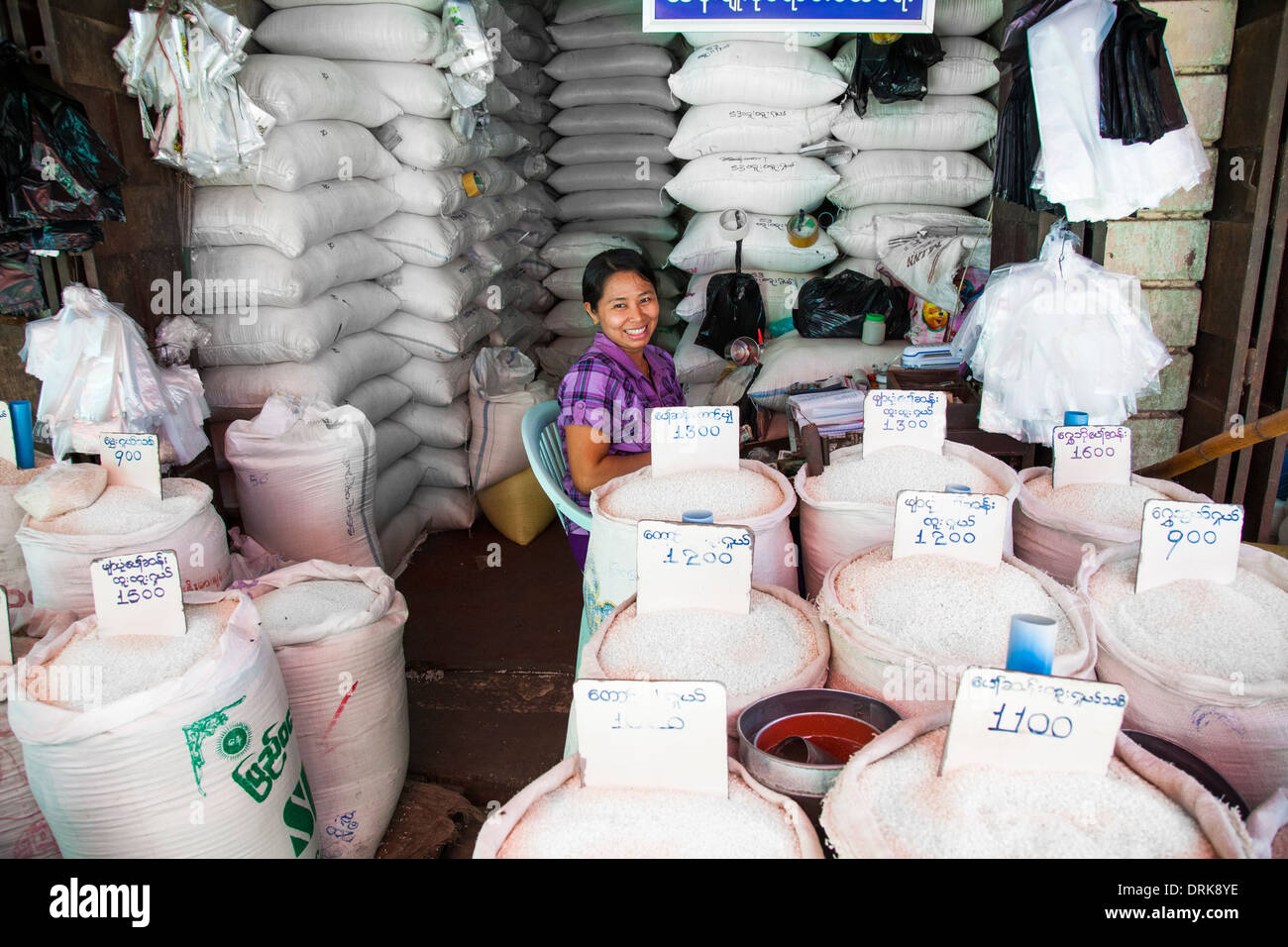 Rice shop in a market in Yangon, Myanmar Stock Photo Alamy