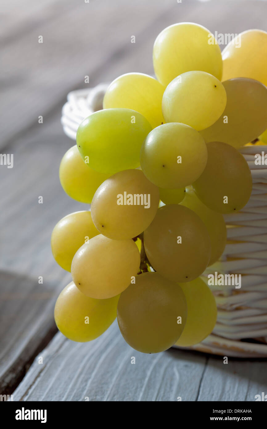 Green grapes (Vitis vinifera) in white basket, close-up Stock Photo