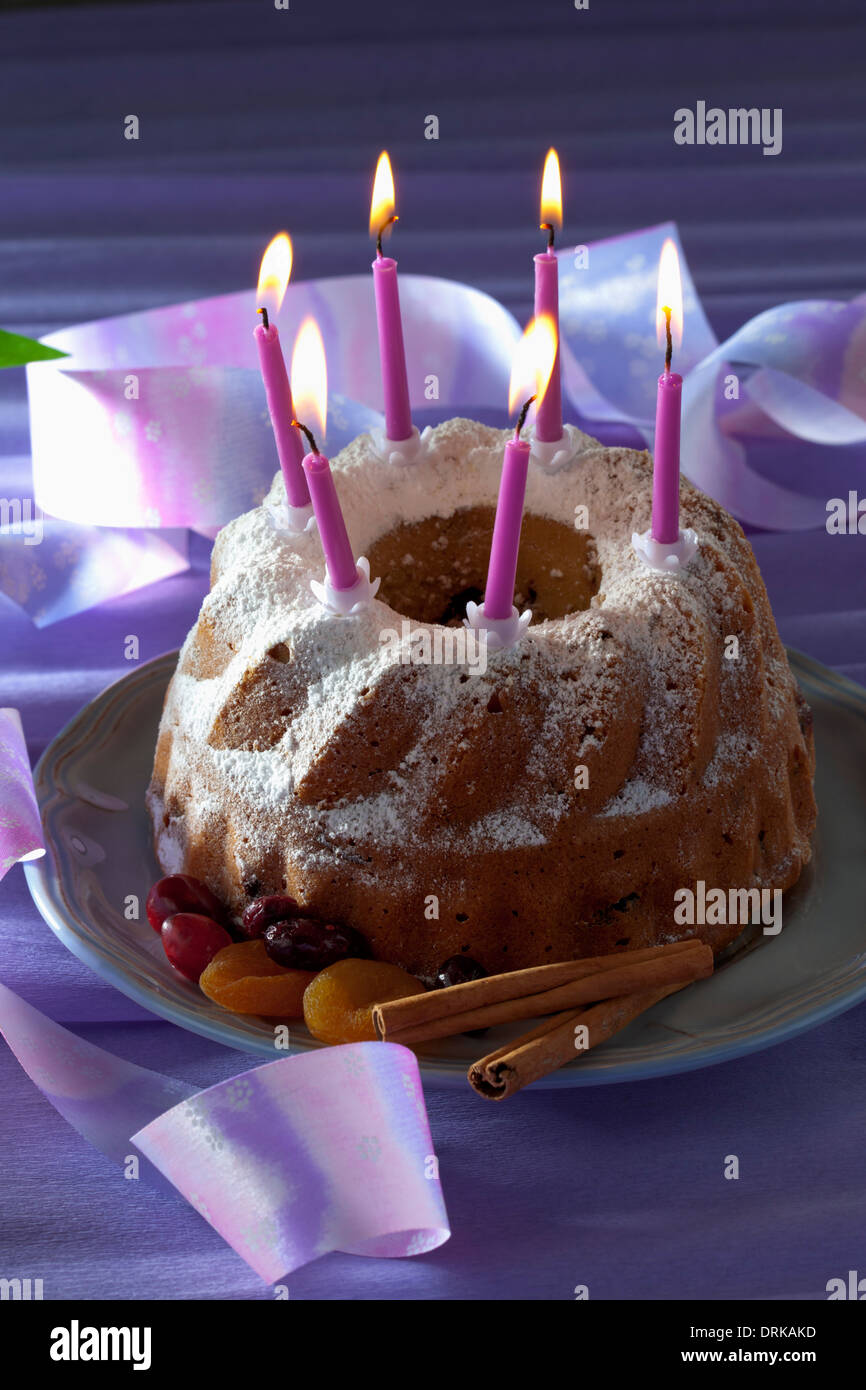 Selfmade birthday cake with six lighted candles Stock Photo Alamy
