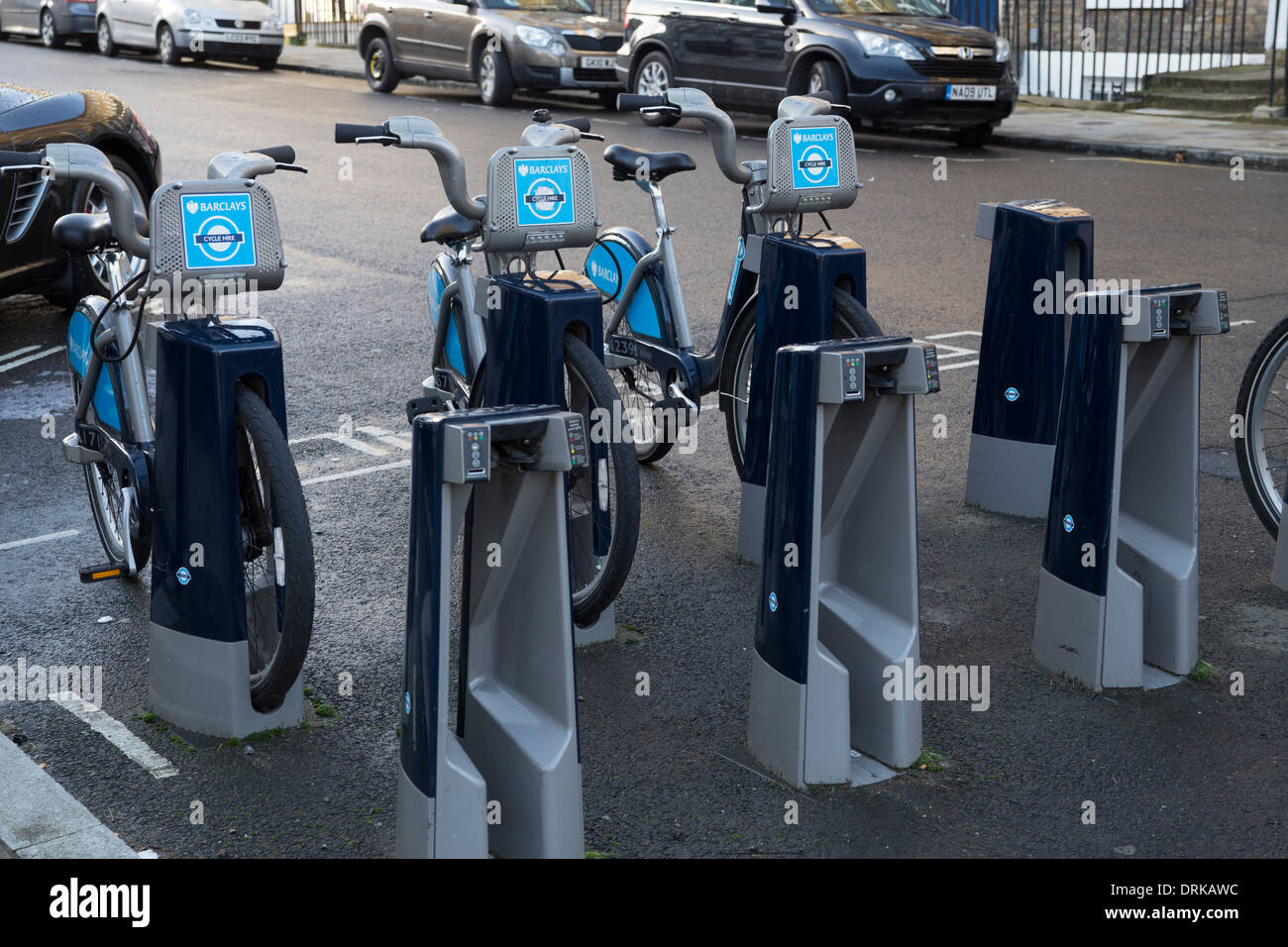 Barclays rental bikes, Boris bikes in a rack, London cycle hire scheme Stock Photo Alamy
