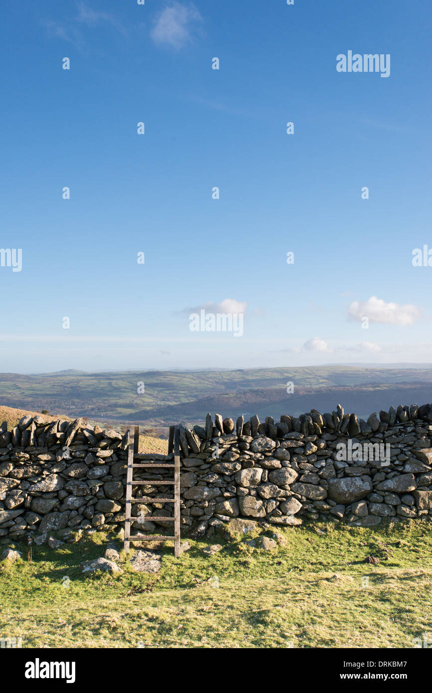 Stile over wall on Conwy Mountain in Snowdonia National Park Stock