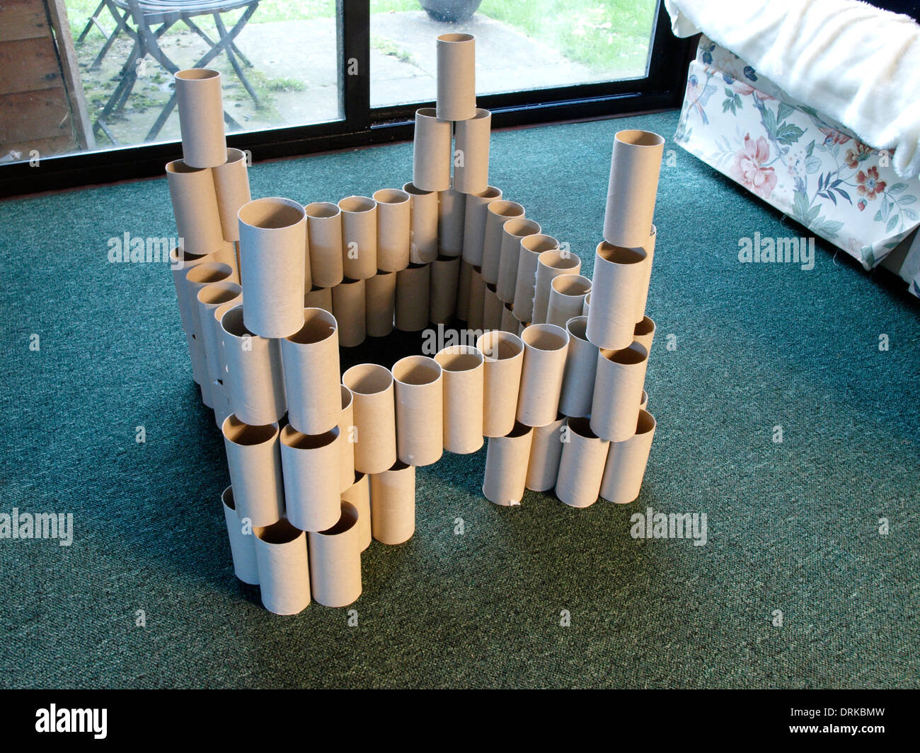 Child's fort made from inner tubes from toilet rolls Stock Photo