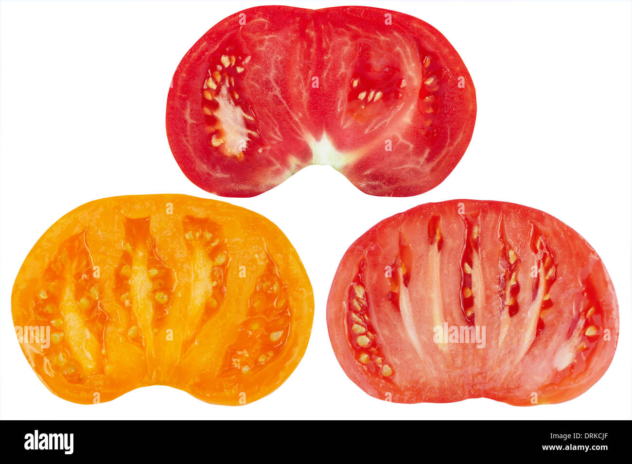 Three color cut tomatoes Stock Photo