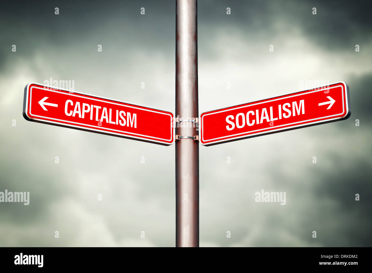 Capitalism or Socialism concept. Street sign pointing to opposite direction. Choose between. Stock Photo
