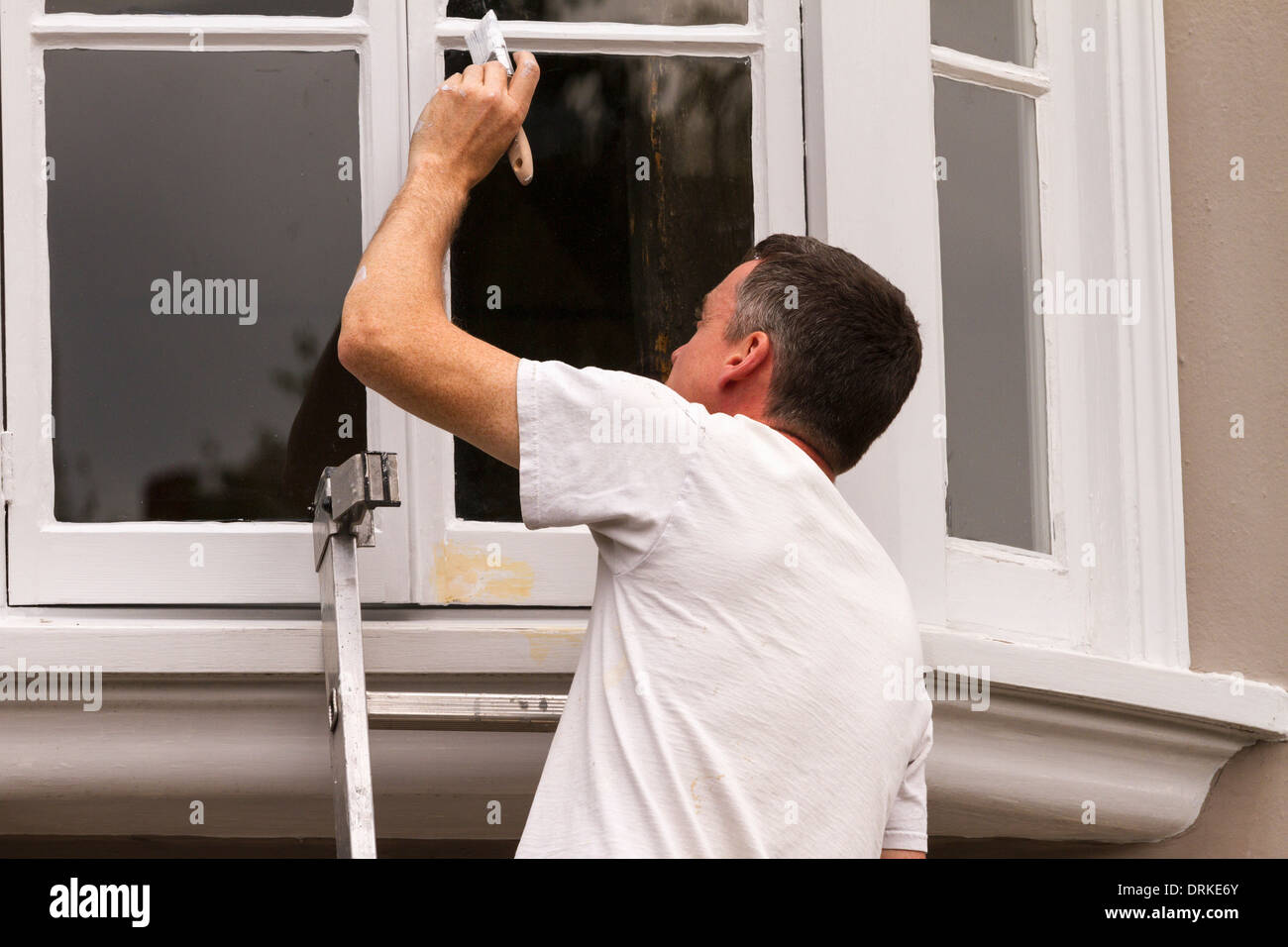 Male painter on ladder paints shop window frame white Stock Photo