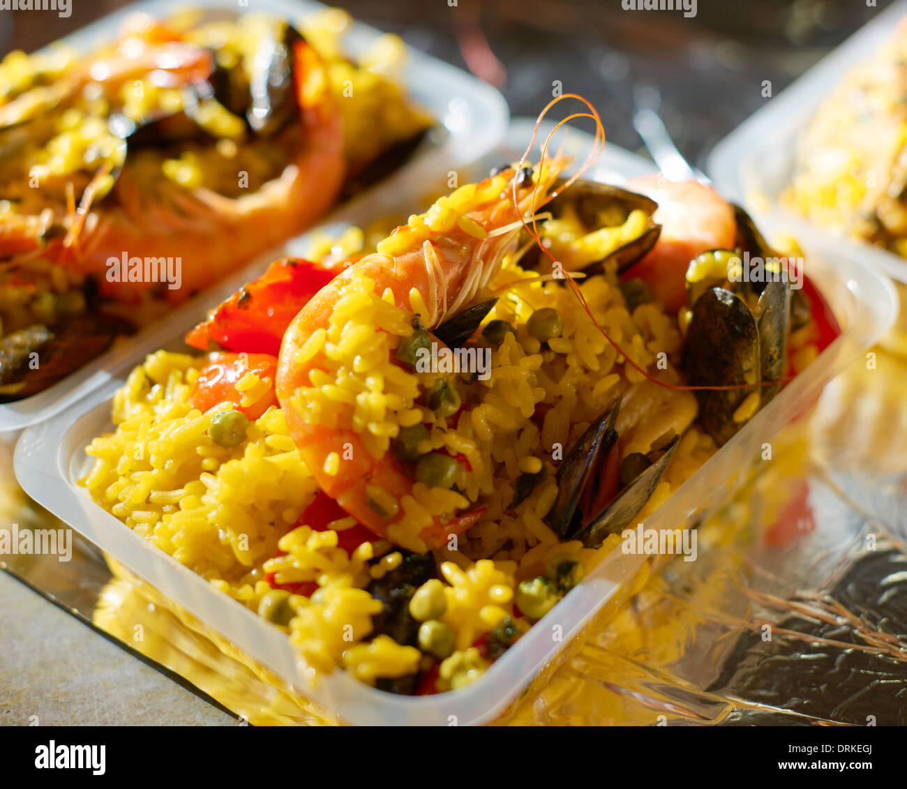 Portion of Spanish paella on market in Marselle, Provence, France Stock Photo