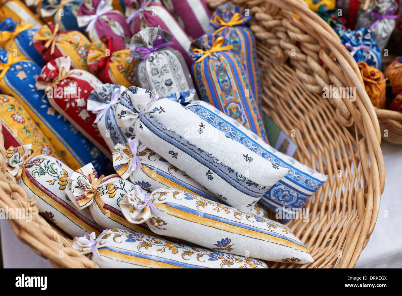 Bags with dried lavender blossoms on the market in Aix en Provence, South France Stock Photo