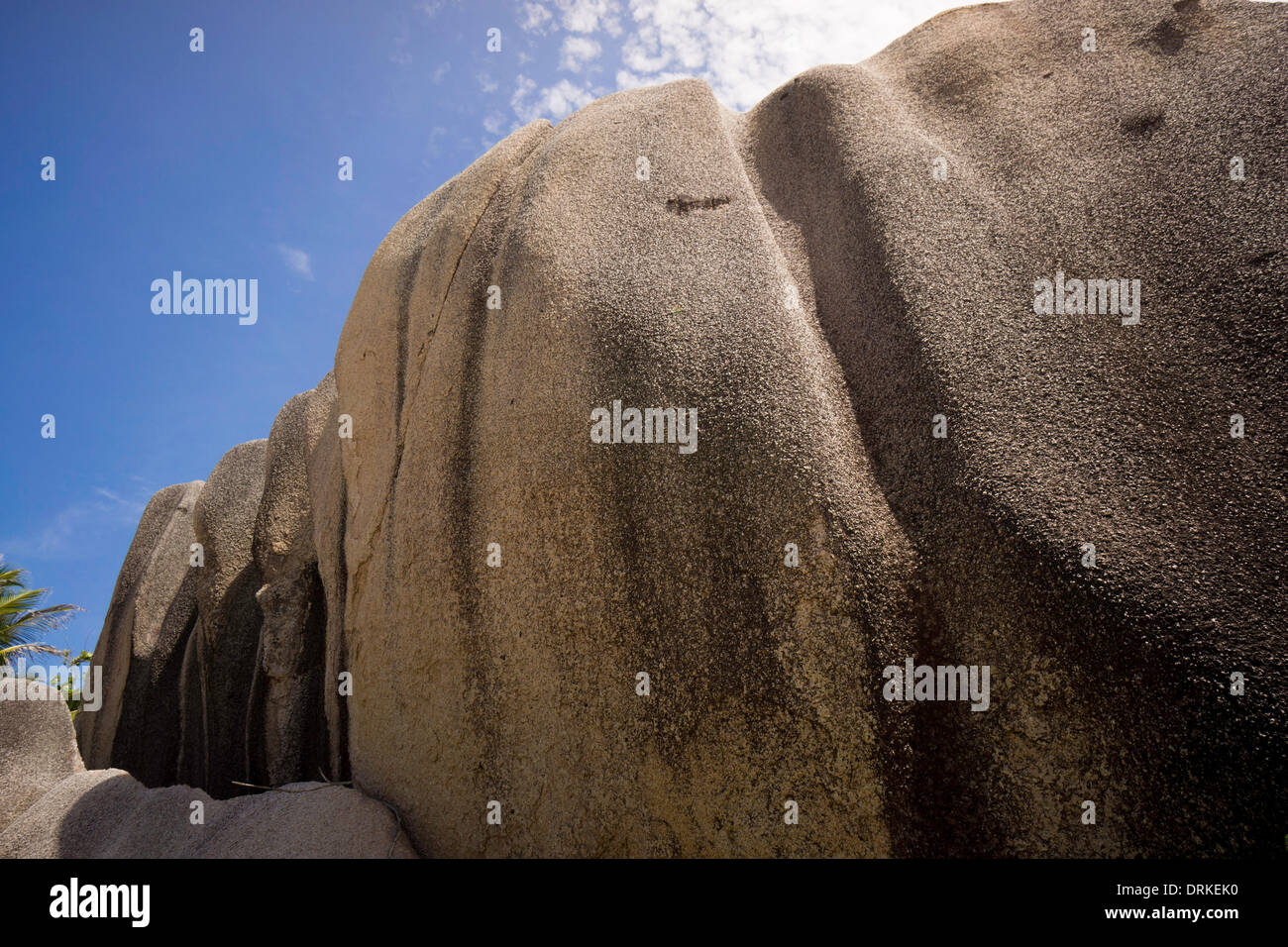 For the Seychelles typical rock formations on a sandy beach, Anse Union, La Digue, Seychelles, Indian Ocean, Africa - 2013 Stock Photo