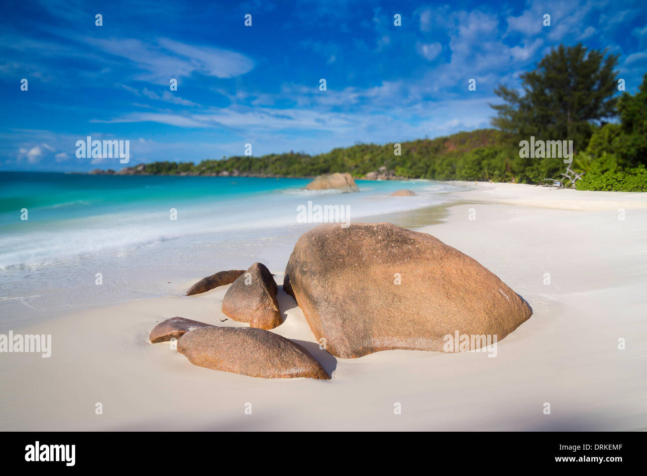 Fantastic sandy beach with the typical for the rock formations Seychelles, Anse Lazio, Baie Chevalier, Praslin, Seychelles, Indian Ocean, Africa - 2013 Stock Photo