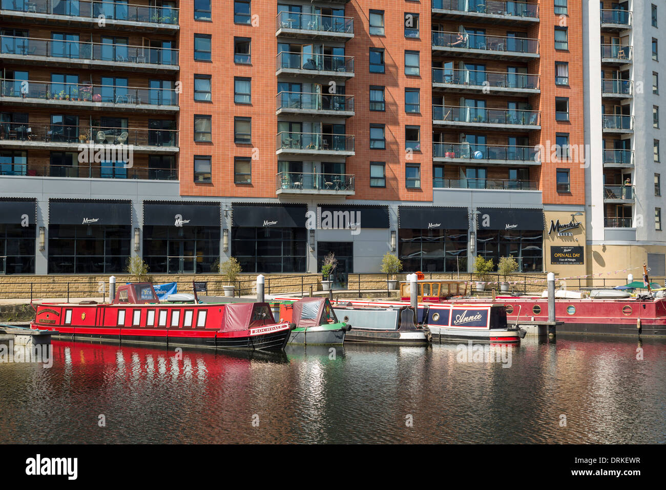 Mumtaz restaurant boats and apartment buildings at Clarence Dock, Leeds, England Stock Photo Alamy