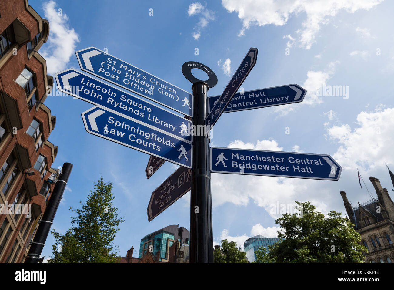 Signs to areas of Manchester outside the town hall Stock Photo