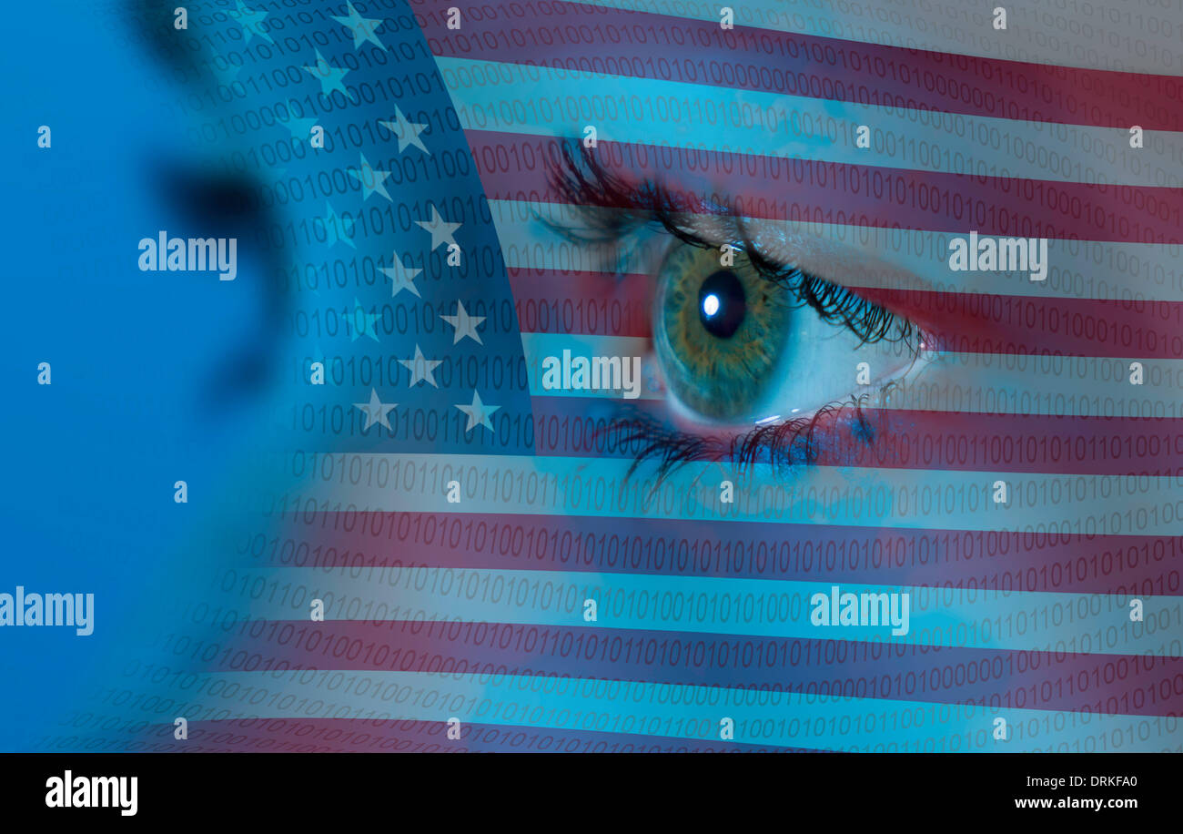 Eye of a woman in closeup, computer numerical series, American flag and NSA logo in the eye, Germany Stock Photo